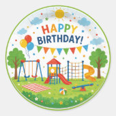 6歳の誕生日お祝いパーティー 遊び場の冒険 ラウンドシール (正面)