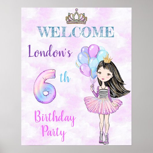 6歳の誕生日のお姫様 ラベンダー ターコイズ ポスター (正面)