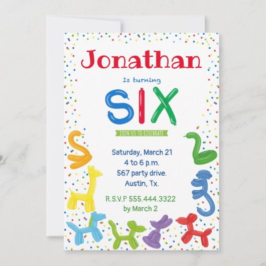 6歳の誕生日の動物の風船の招待 招待状 (正面)