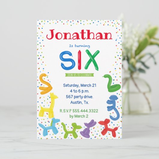 6歳の誕生日の動物の風船の招待 招待状 (スタンド正面)