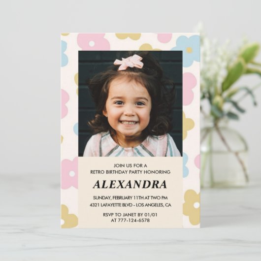 6歳の誕生日の招待レトロGroovy花かわいい 招待状 (スタンド正面)