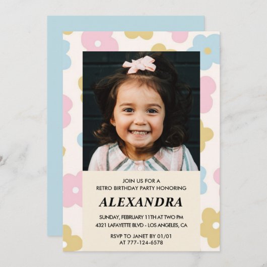 6歳の誕生日の招待レトロGroovy花かわいい 招待状 (正面/裏面)