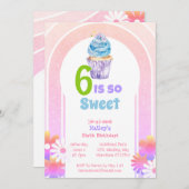 6歳の誕生日はスイートレインボーカップケーキパーティ 招待状 (正面/裏面)