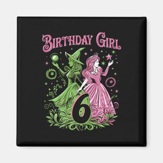 6歳の誕生日を迎える魔女っ子 ピンクとグリーン マグネット (正面)