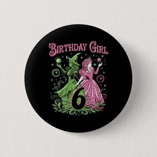 6歳の誕生日を迎える魔女っ子 ピンクとグリーン 6歳の子供 缶バッジ (正面)
