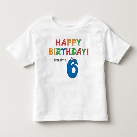 6歳の誕生日カラフルアルファベット名前入り トドラーTシャツ (正面)