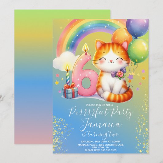 6歳の誕生日キットン虹色パーティー 招待状 (正面/裏面)