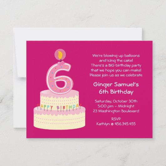 6歳の誕生日ケーキシンプル招待状 招待状 (正面)