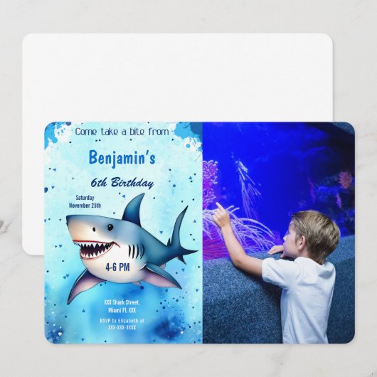 6歳の誕生日サメの写真 招待状 (正面/裏面)