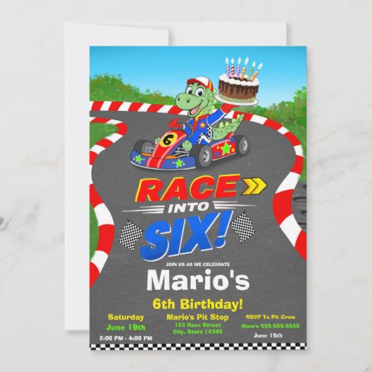6歳の誕生日ダイナソーレース カー レディ セット 招待状 (正面)