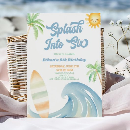 6歳の誕生日パーティーに飛び込もう ビーチ サーフ ブルー 招待状