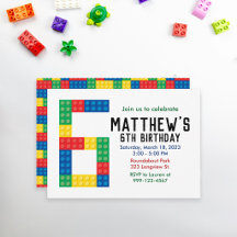6歳の誕生日パーティーのためのビルディングブロックパーティー招待状