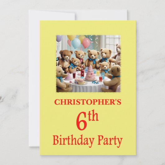 6歳の誕生日パーティー招待状 テディベアパーティー 招待状 (正面)