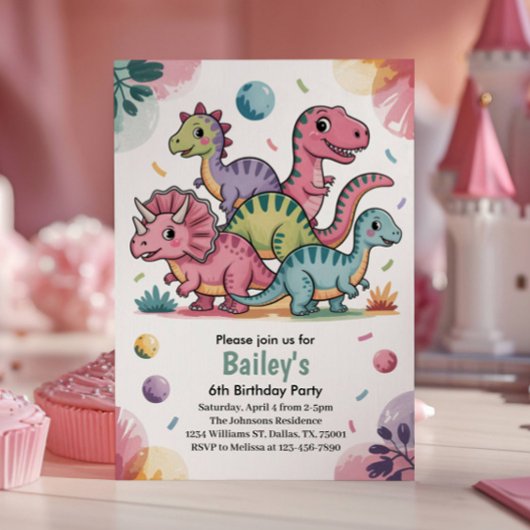 6歳の誕生日パーティー かわいいピンクの恐竜 招待状