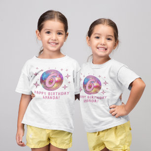 6歳の誕生日パーティー ゴールド ピンク グリッター ディスコボール Tシャツ