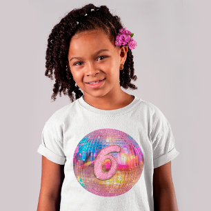 6歳の誕生日パーティー ゴールド ピンク グリッター ディスコボール Tシャツ