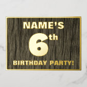 6歳の誕生日パーティー：大胆な偽の木目模様 箔招待状 (正面)