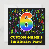 6歳の誕生日パーティー：楽しい音楽のシンボル、虹６ 招待状 (正面)