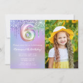 6歳の誕生日パーティー 紫のピンクのラメ 招待状 (正面)
