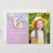 6歳の誕生日フォト レインボースパークル 招待状 (正面)