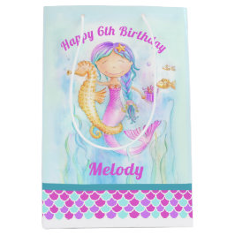 6歳の誕生日マーメイドとシーホースのアートカスタム ミディアムペーパーバッグ