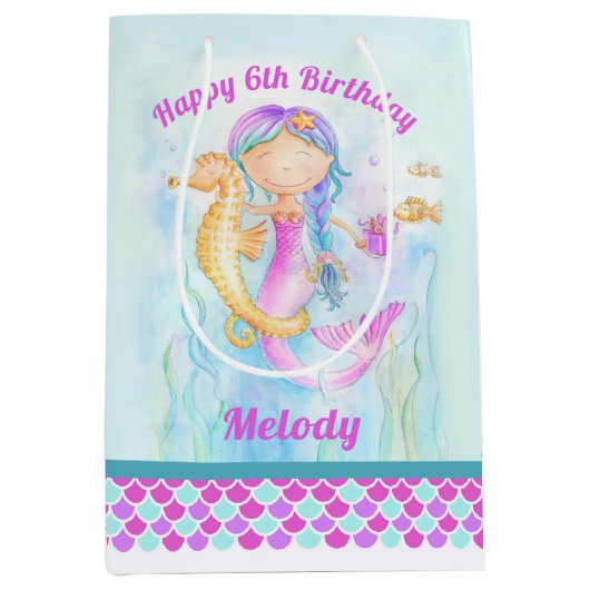 6歳の誕生日マーメイドとシーホースのアートカスタム ミディアムペーパーバッグ (正面)