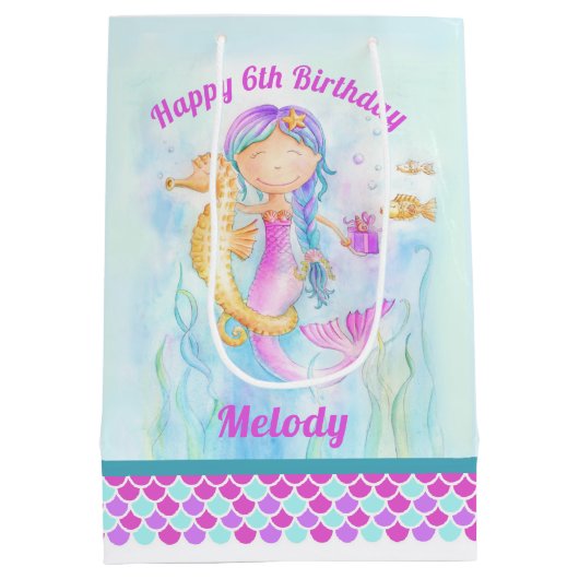 6歳の誕生日マーメイドとシーホースのアートカスタム ミディアムペーパーバッグ (裏面)