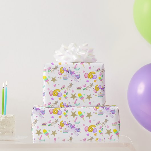 6歳の誕生日ユニコーンパターン 白 ラッピングペーパー (パーティーギフト)