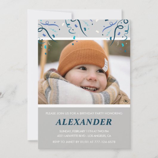 6歳の誕生日招待状少年紙吹雪写真海軍 招待状 (正面)