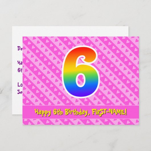 6歳の誕生日:ピンクのストライプとハート、虹色6 ポストカード (正面/裏面)