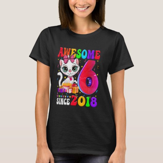 6歳の誕生日 女の子 パーティー 可愛い 猫 6歳 Tシャツ (正面)