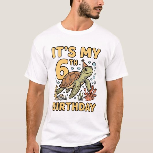 6歳の誕生日 海ガメ ビンテージ風の彫刻デザイン_1 Tシャツ (正面)