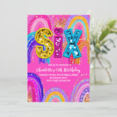 6歳の誕生日 虹色 ホットピンク パーティー招待状 招待状 (スタンド正面)