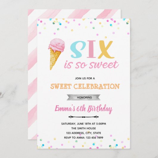 6歳はとってもスイートなアイスクリームのお誘い 招待状 (正面/裏面)
