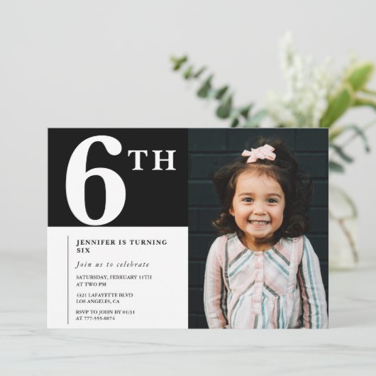 6歳エレガントの誕生日の招待ブラックシック写真 招待状 (スタンド正面)