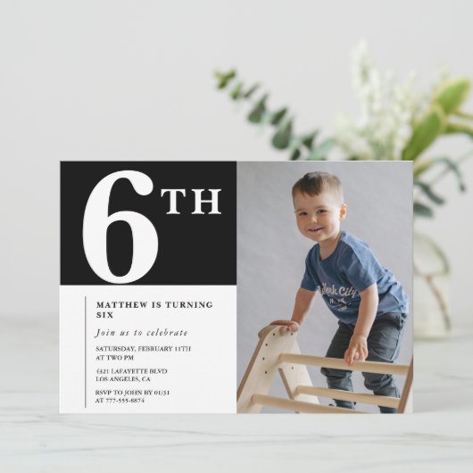 6歳エレガントの誕生日の招待ブラックボーイフォト 招待状 (スタンド正面)