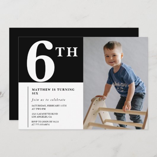 6歳エレガントの誕生日の招待ブラックボーイフォト 招待状 (正面/裏面)