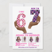 6歳7歳のレトロなピンクとパープルのチェック柄の面白い誕生日 招待状 (正面)