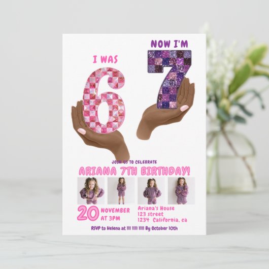 6歳7歳のレトロなピンクとパープルのチェック柄の面白い誕生日 招待状 (スタンド正面)