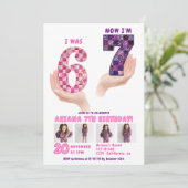 6歳7歳のレトロなピンクとパープルのチェック柄の面白い誕生日 招待状 (スタンド正面)