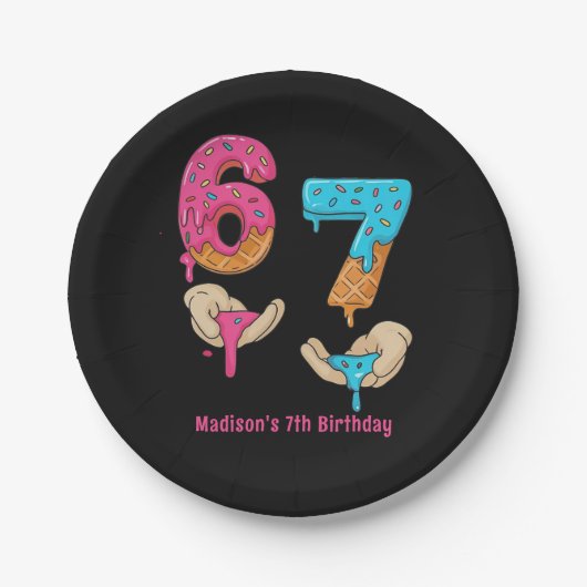 6歳＋7歳の女の子の誕生日の紙皿 ペーパープレート (正面)