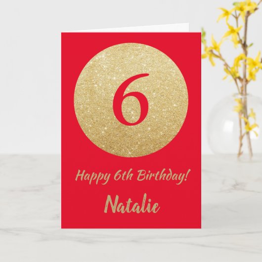 6番目の誕生日レッドと金ゴールドグリッターカード カード (黄色い花)