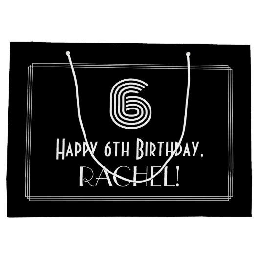6番目の誕生日—インスパイアアールデコの外観:「6」 & Name ラージペーパーバッグ (裏面)