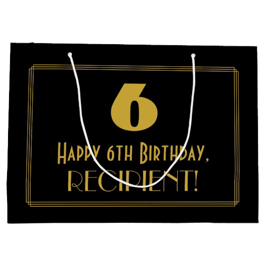 6番目の誕生日—インスパイアアールデコの外観:「6」 & Name ラージペーパーバッグ (裏面)