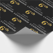 6番目の誕生日: エレガント、黒、フェイク金ゴールドルック ラッピングペーパー (角)