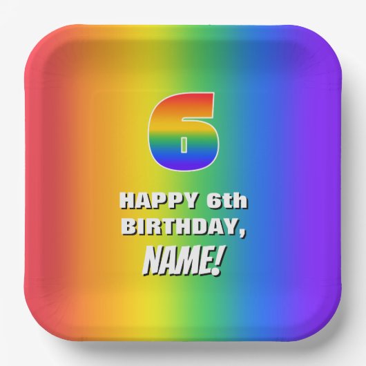 6番目の誕生日: カラフル、おもしろいレインボーパターン# 6 ペーパープレート (正面)