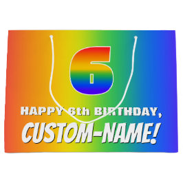 6番目の誕生日: カラフル、おもしろいレインボーパターン# 6 ラージペーパーバッグ