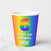 6番目の誕生日: カラフル、おもしろいレインボーパターン# 6 紙コップ (正面)