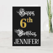 6番目の誕生日:ファンシースクリプト、フェイク金ゴールド・ルック、名前 カード (正面)