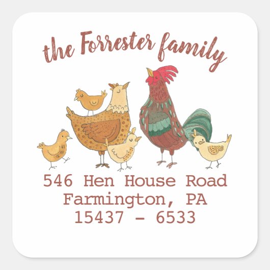 6羽の鶏の差出人住所 スクエアシール (正面)